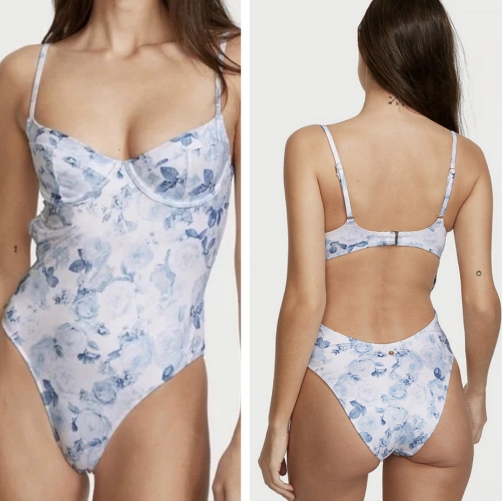 Victoria's secret white blue floral open back one piece swimsuit